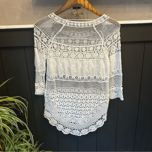 Women's S White Cotton Tunic Lace Crochet Boho Peasant Hippie 3/4 Sleeve - Picture 7 of 12